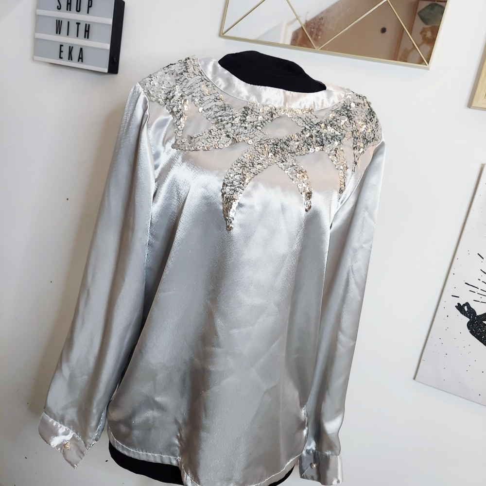 Silver silk-like bling glitter blouse